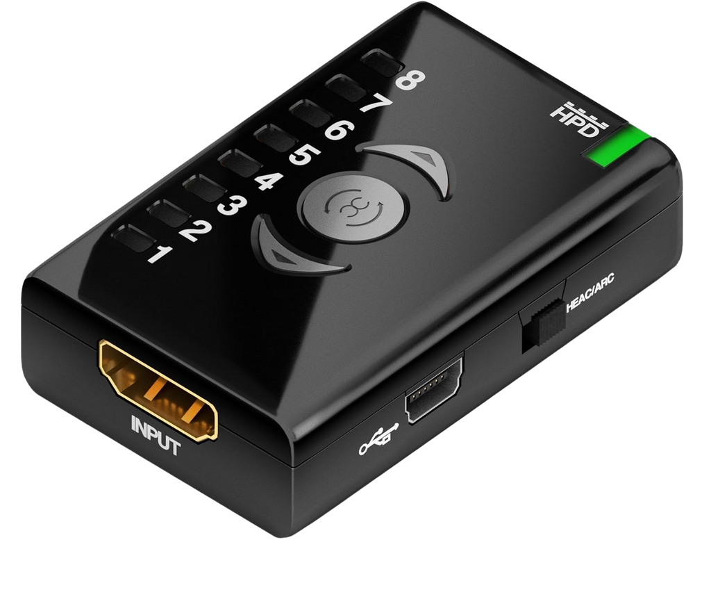 Vstupní strana Dr HDMI se vstupem HDMI, portem Mini-USB a přepínačem HEAC/ARC