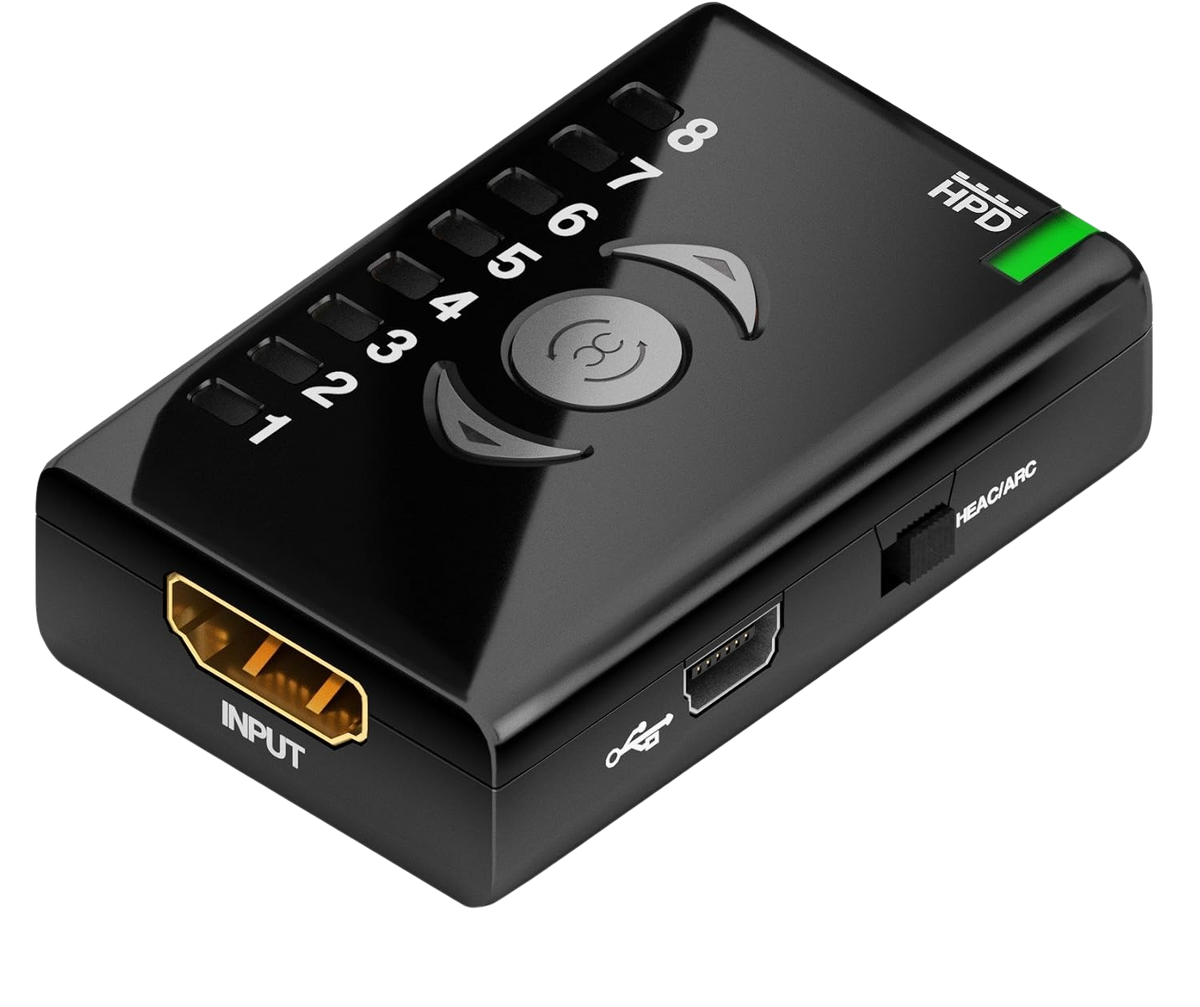 Vstupní strana Dr HDMI se vstupem HDMI, portem Mini-USB a přepínačem HEAC/ARC