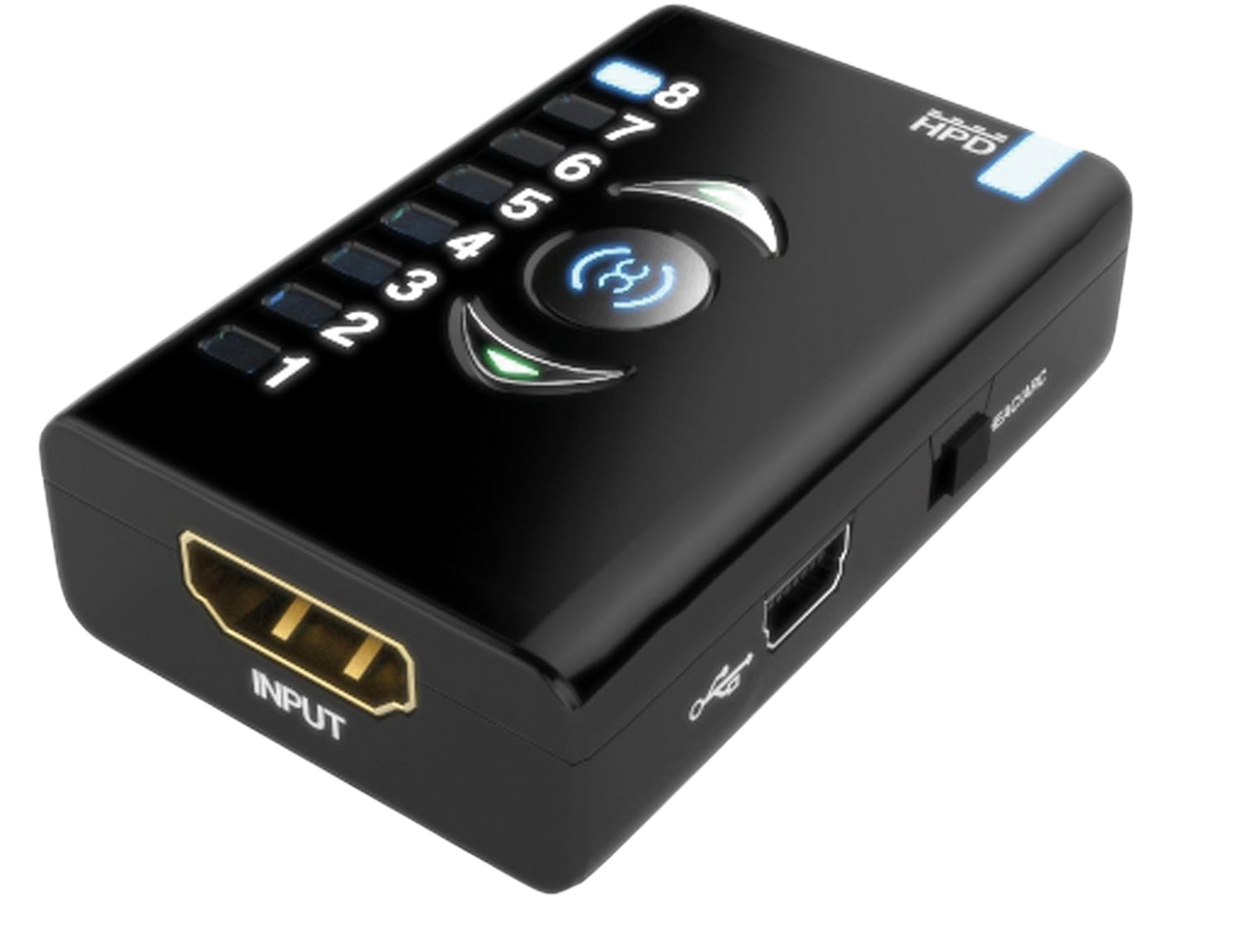 Dr HDMI se vstupem HDMI, portem Mini-USB a rozsvícenými LED bank EDID
