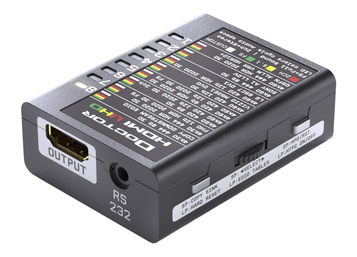 Dr HDMI 4K od výstupní strany, s tabulkou EDID bank UHD natištěnou na horní straně