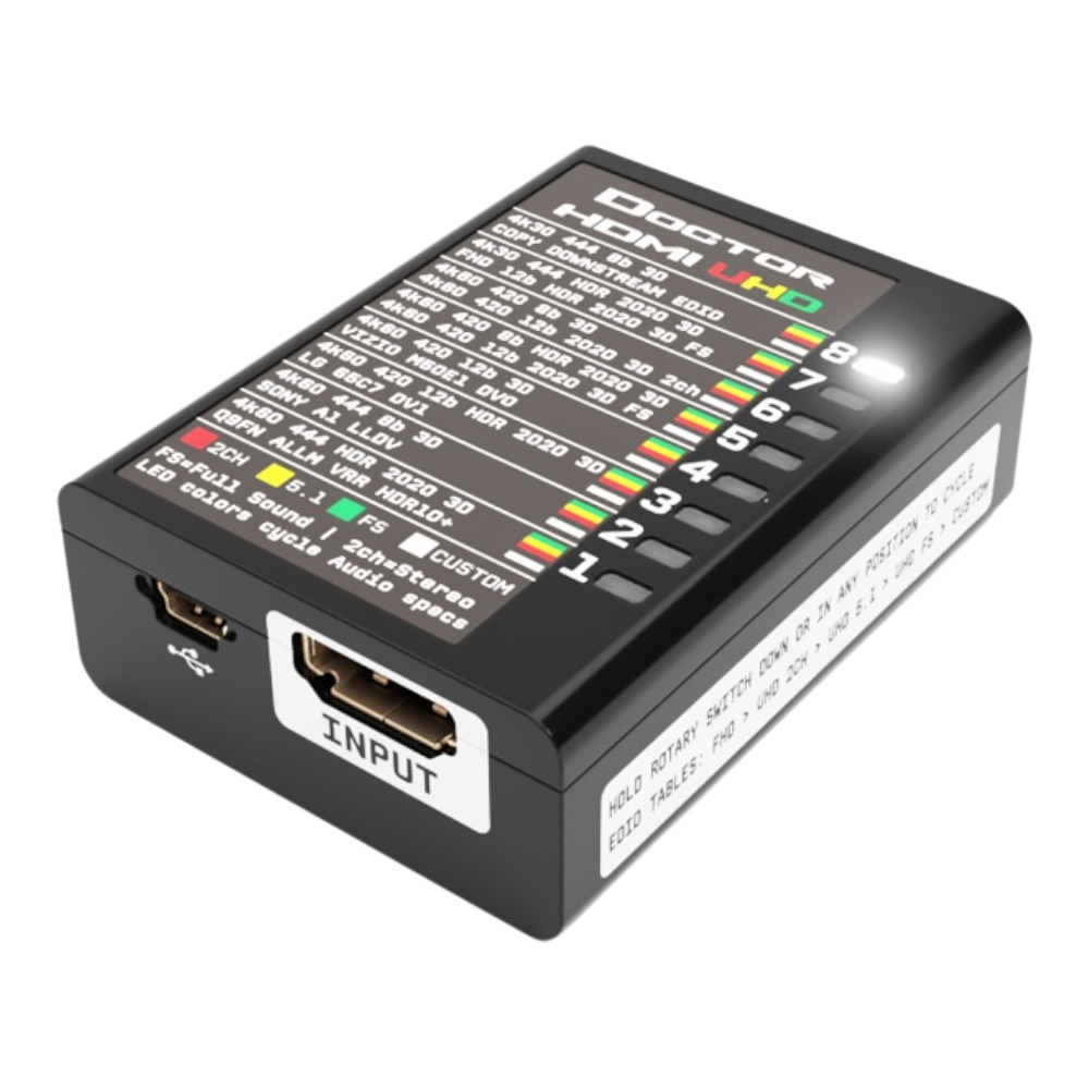Vstupní strana Dr HDMI 4K, se vstupem HDMI, konektorem mini USB a tabulkou EDID UHD nahoře