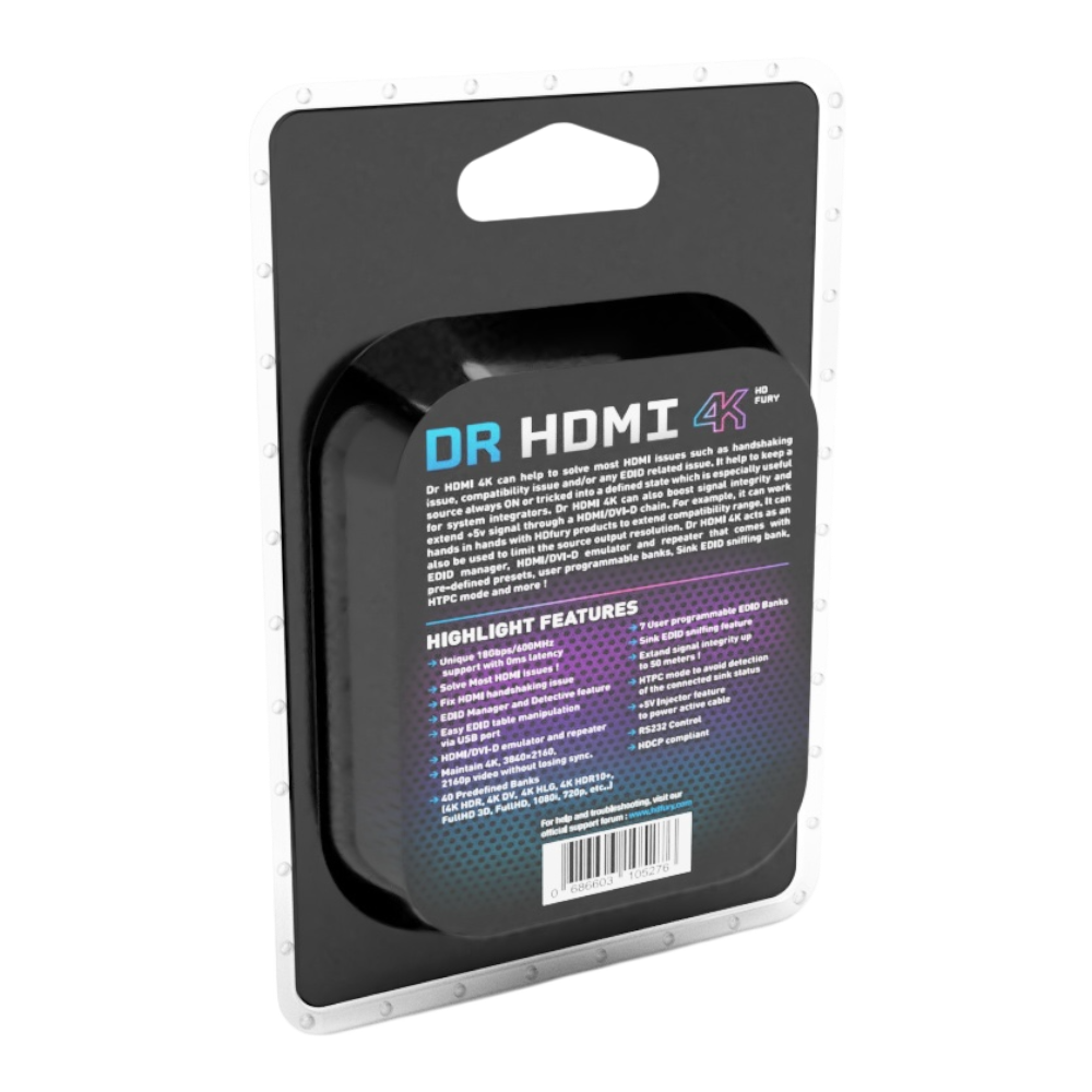 Balení Dr HDMI 4K, zadní strana, s technickými parametry