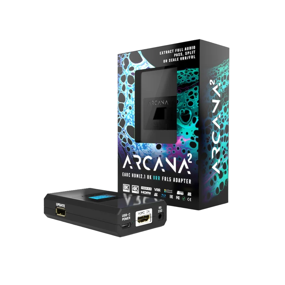 8K eARC adaptér HDfury Arcana 2 – pohled zepředu s OLED displejem