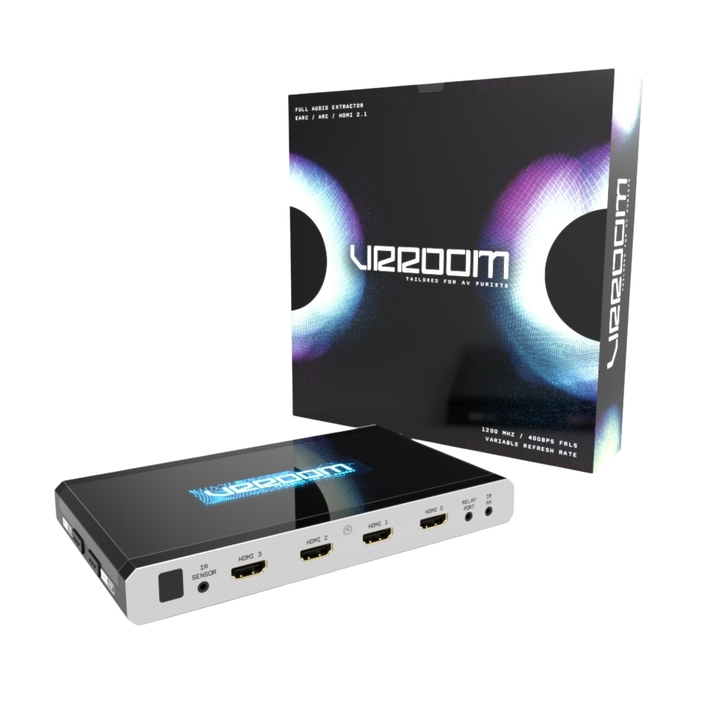 HDfury VRROOM – 8K HDMI 2.1 matice a audio extraktor, přední strana krabice
