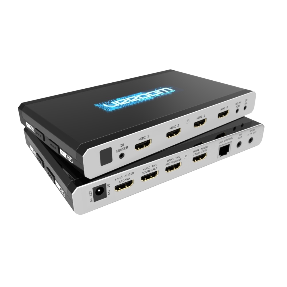 HDfury VRROOM – 8K HDMI 2.1 matice, scaler a eARC audio extraktor, pohled zepředu s OLED displejem