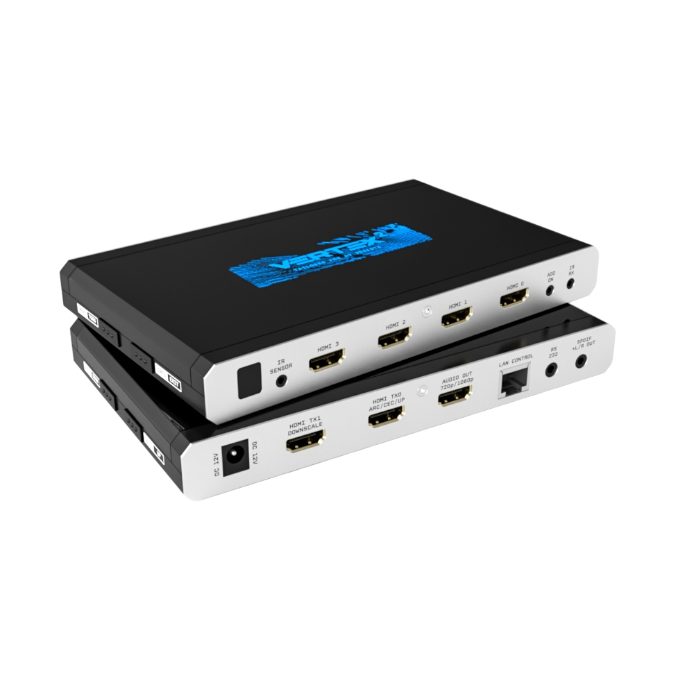 HDMI matice HDfury Vertex 2 4x2 zobrazená dvakrát nad sebou: nahoře čtyři HDMI vstupy, dole výstupy scaleru TX0 a TX1, audio výstup extraktoru, LAN, RS232 a S/PDIF
