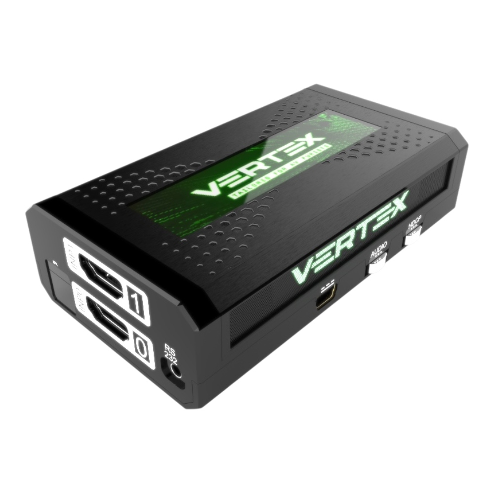 HDfury Vertex 4K 18Gbps – HDMI matice 2x2 a scaler s OLED, vstupy HDMI, RS232, mini USB a přepínači AUDIO a HDCP