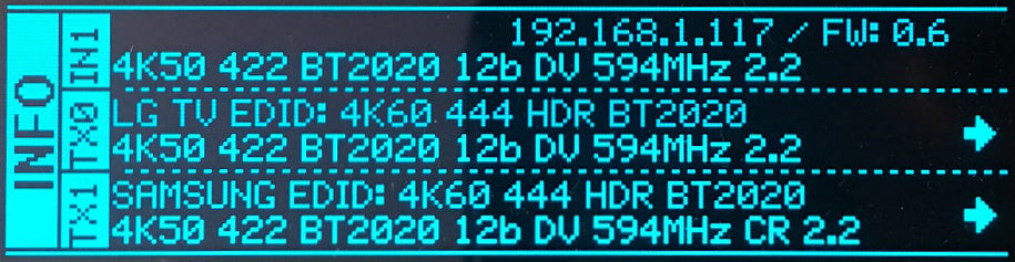Informační obrazovka OLED na HDfury Vertex 2 s IP adresou 192.168.1.117, firmwarem 0.6, příchozím signálem 4K50 4:2:2 12bit Dolby Vision a tím, co scaler posílá na displeje LG a Samsung přes TX0 a TX1