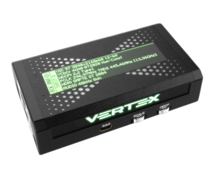 RX INFO HDfury Vertex na OLED: 3840x2160p60 12bit, YCbCr 4:2:0 BT2020, HDCP 2.2, HDR SMPTE ST 2084, 8kanálový zvuk