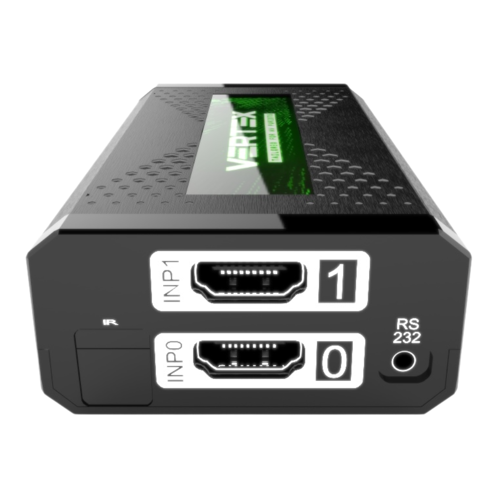 Vstupní strana HDfury Vertex: vstupy HDMI INP0 a INP1, IR přijímač a port RS232