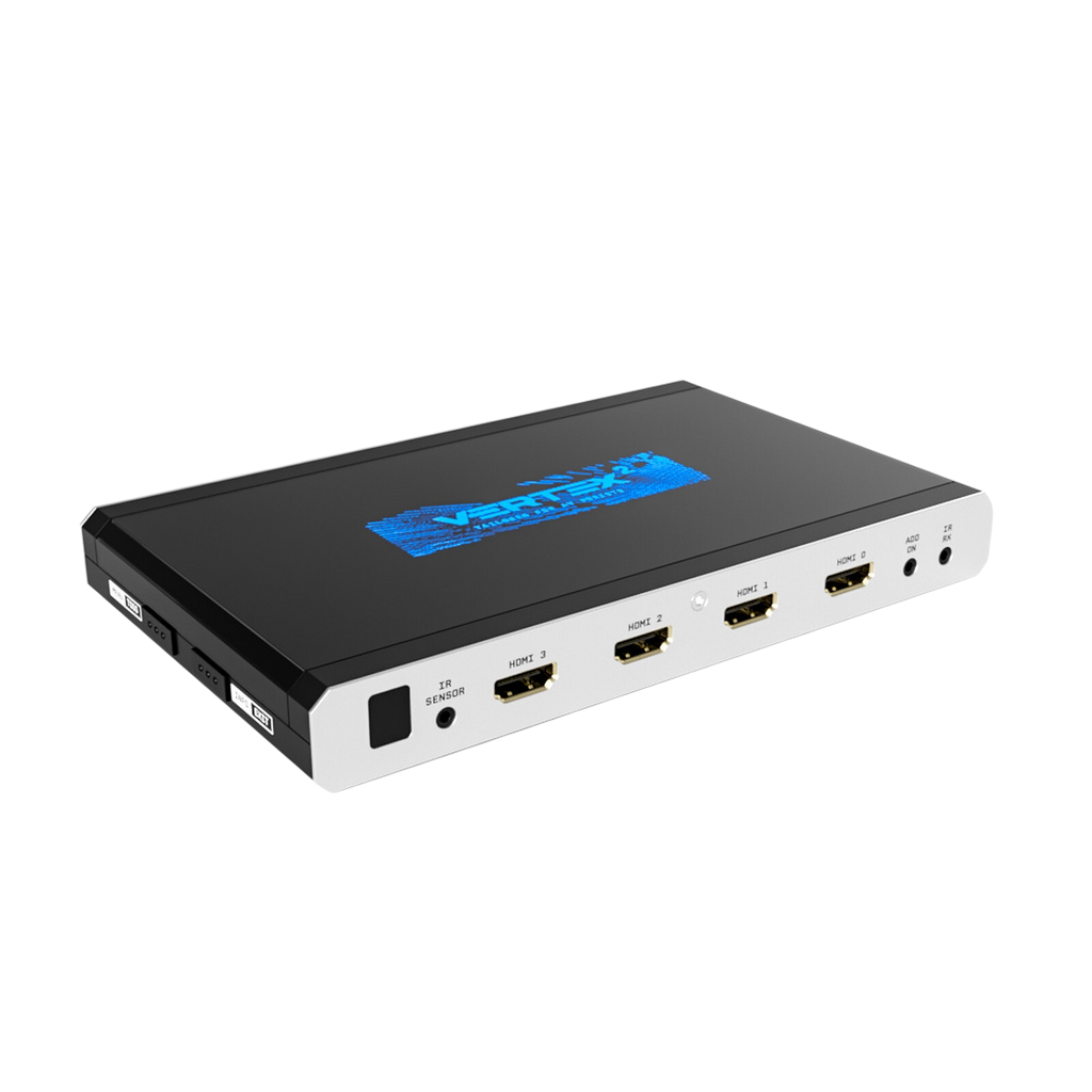 HDMI matice, splitter a scaler HDfury Vertex 2 4x2 na bílém pozadí, se čtyřmi HDMI vstupy 18Gbps a modrým logem Vertex 2 na víku