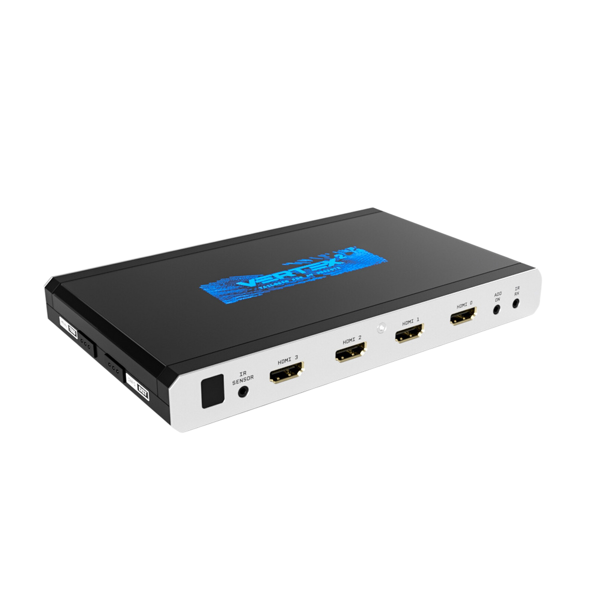HDMI matice, splitter a scaler HDfury Vertex 2 4x2 na bílém pozadí, se čtyřmi HDMI vstupy 18Gbps a modrým logem Vertex 2 na víku