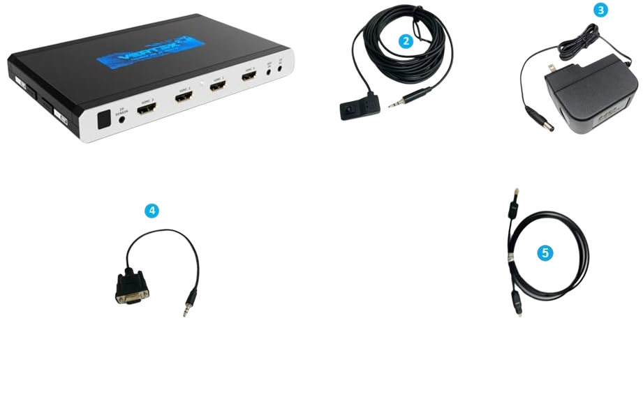 Co najdete v balení HDfury Vertex 2: jednotka, kabel s IR přijímačem, 12V napájecí zdroj, kabel RS232 a optický kabel