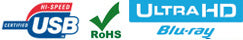 Loga USB Certified Hi-Speed, RoHS a Ultra HD Blu-ray