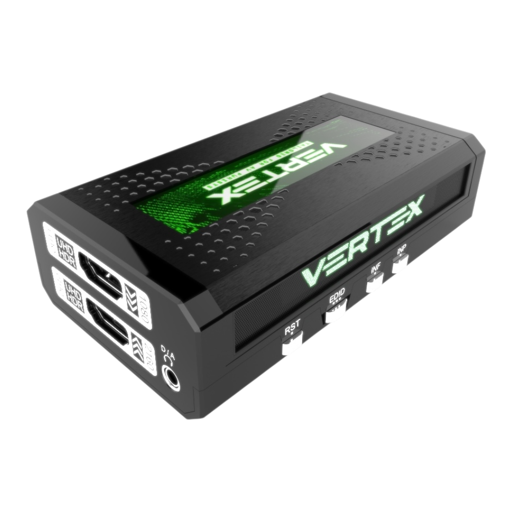 HDfury Vertex – HDMI 2.0b rozbočovač a scaler: výstupy HDMI, zvukový konektor D/A a ovládání RST, EDID, INF a INP
