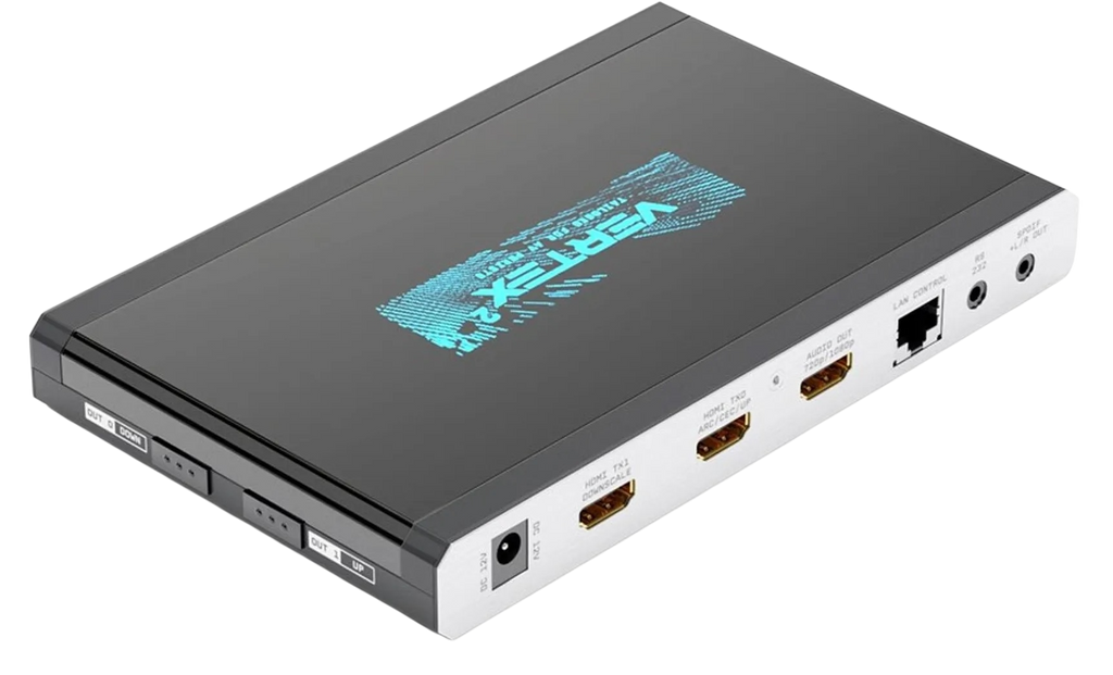 Výstupní strana HDfury Vertex 2: 12V DC, HDMI TX1 s downscale, HDMI TX0 s ARC, CEC a upscale, audio výstup extraktoru 720p/1080p, LAN pro ovládání, RS232 a S/PDIF s výstupem L/R