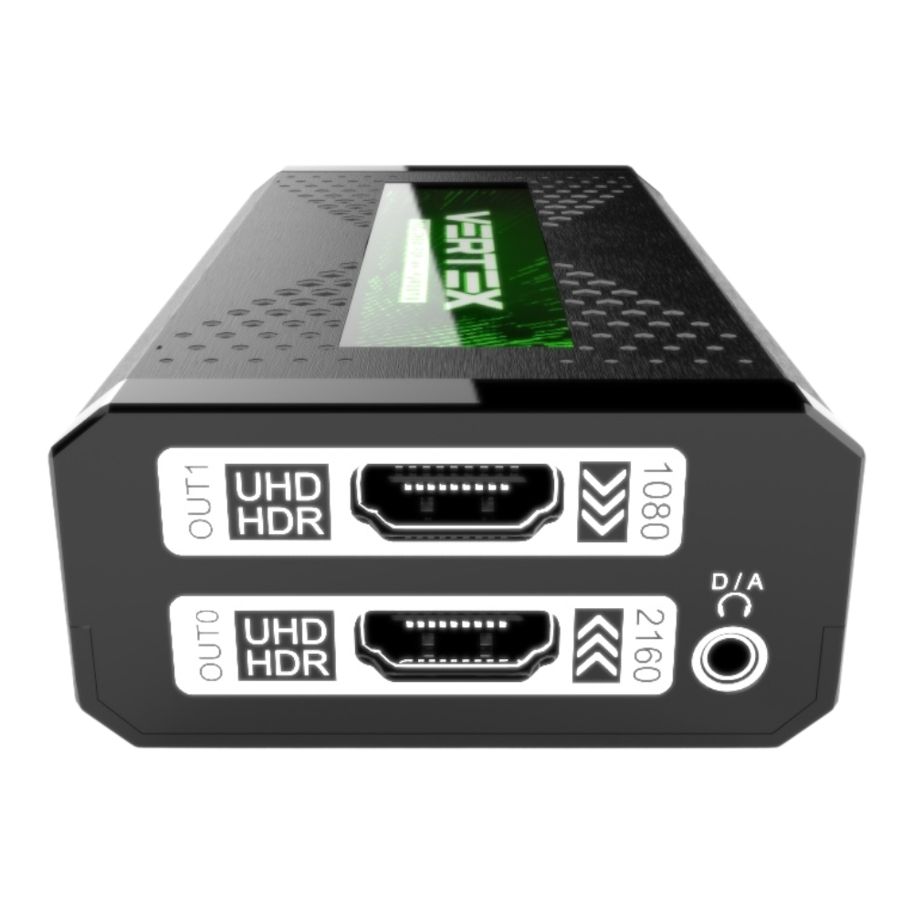 Výstupní strana HDfury Vertex: OUT1 UHD HDR s downscalingem na 1080p, OUT0 UHD HDR s upscalingem na 2160p a konektor D/A