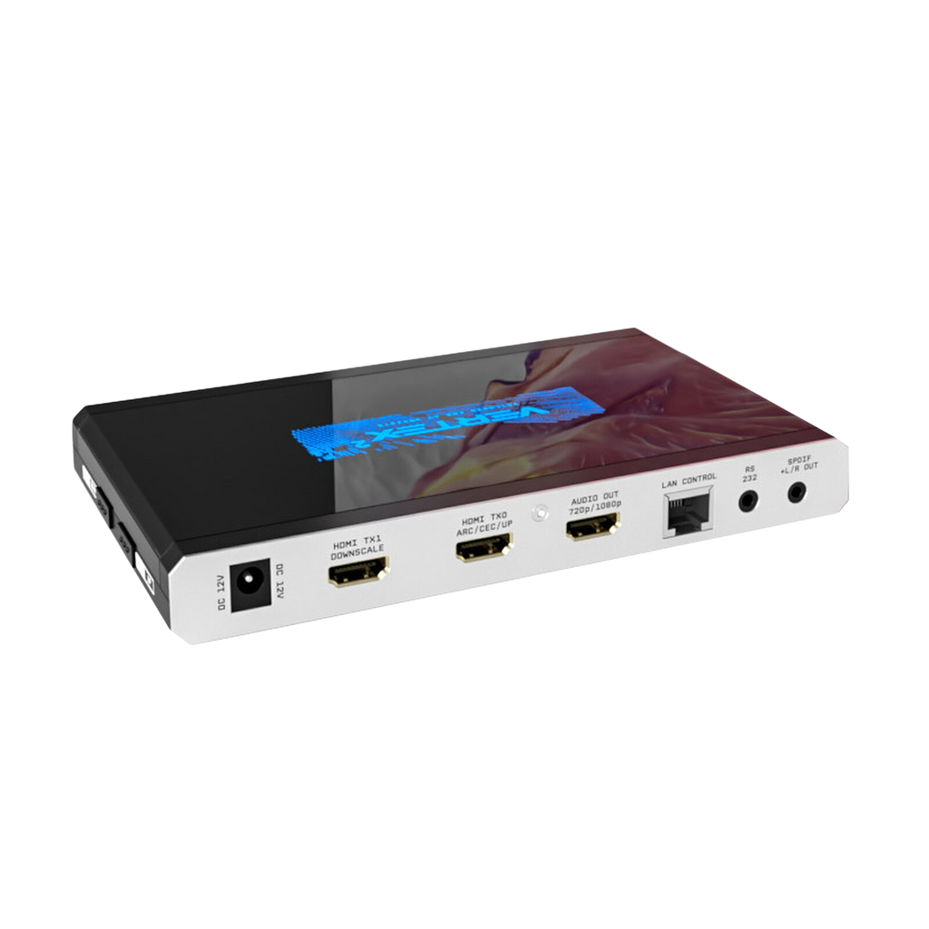 Detail výstupů HDfury Vertex 2: 12V DC, HDMI TX1 s downscale, HDMI TX0 s ARC, CEC a upscale, vyhrazený HDMI audio výstup extraktoru, LAN pro ovládání, RS232 a optický S/PDIF