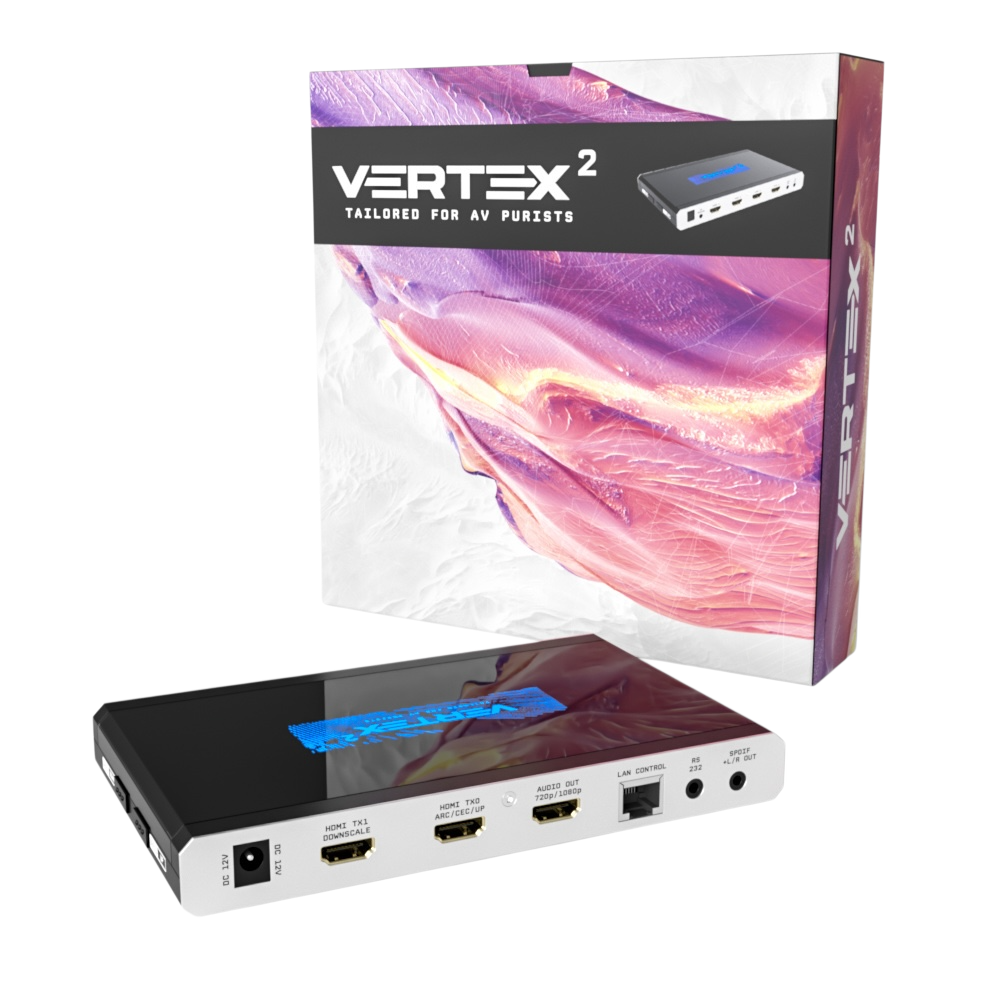 Prodejní krabice HDfury Vertex 2 vedle jednotky, s výstupy scaleru TX0 a TX1 a audio výstupem v záběru
