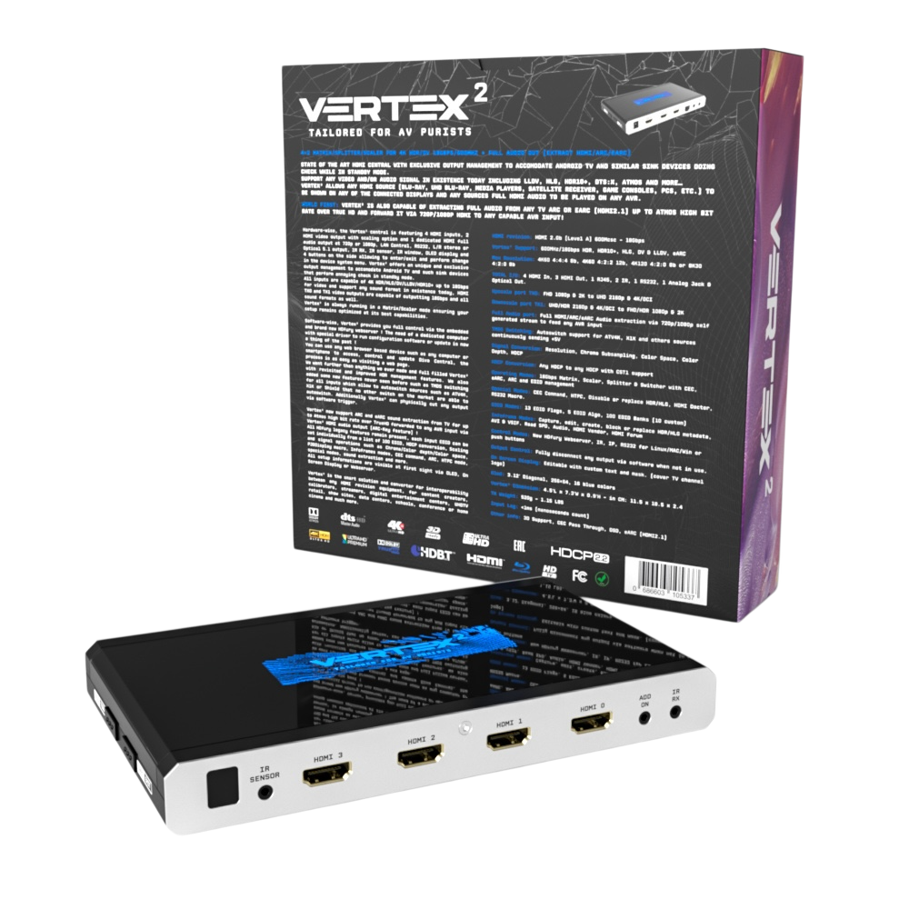 Zadní strana prodejní krabice HDfury Vertex 2 s úplným textem specifikací, vedle jednotky se čtyřmi vstupy HDMI matice